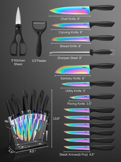 Knife Set, 16 Pieces High Carbon Stainless Steel Rainbow Color Kitchen Knives, Titanium Coating Blade, No Rust, Super