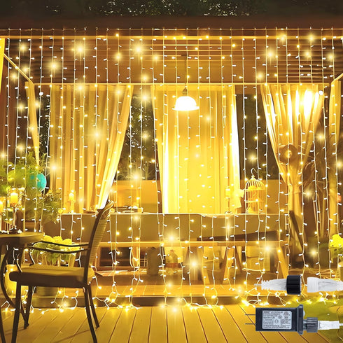 HEYFUNi 304 LED Curtain Lights Outdoor, 9.8Ft*9.8Ft Plug-in Hanging String Lights with 8 Modes for Decor