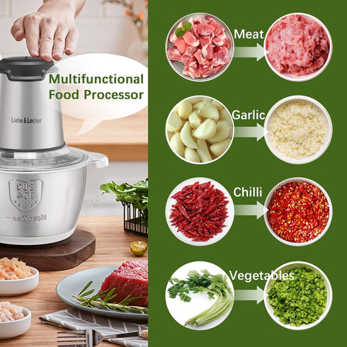 Liebe&Lecker Food Processor, Meat Grinder with 1 Bowl 8 Cup, Electric Food Chopper with 4 Large Sharp Blades for Meat, Fruits, Vegetables, Baby Food, Nuts, 2 Speed, 350W by Liebe&Lecker