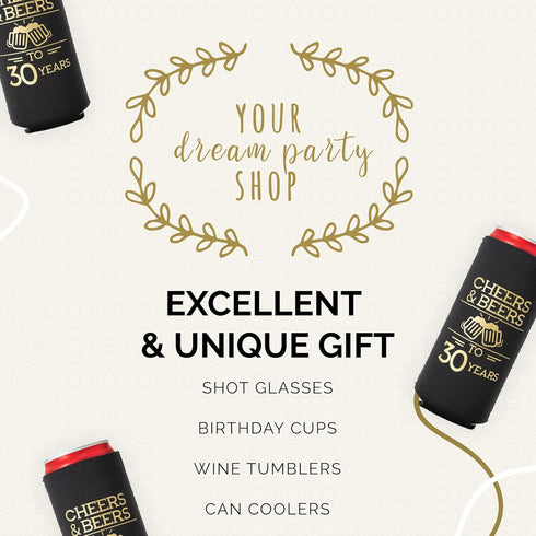 Cheers and Beers to 30 Years Can Coolers, Set of 12 - Black and Gold 30th Birthday Party Decorations for Men and Women