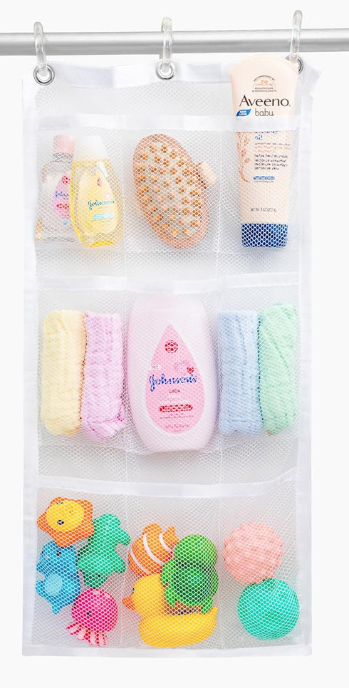 Handy Laundry Shower Curtain Bathroom Organizer - 9 Pockets for Toiletries and Kid's Toys.