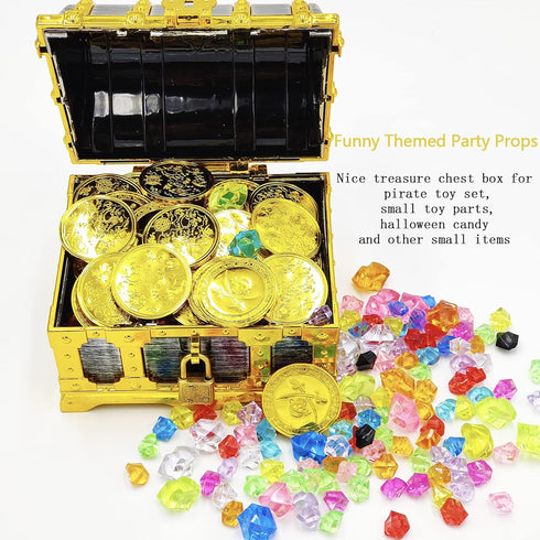 Kids Golden Frame Pirate Treasure Chest with Lock and Key, Decorative Storage Box for Birthday Pirate Party Favors