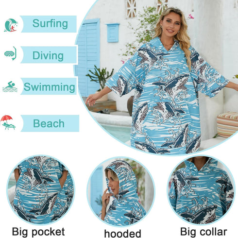 Swimmer Shark Surf Poncho Hooded Towel for Adults Quick Dry Beach Changing Robe with Pockets, Unisex Swim Cover-Up