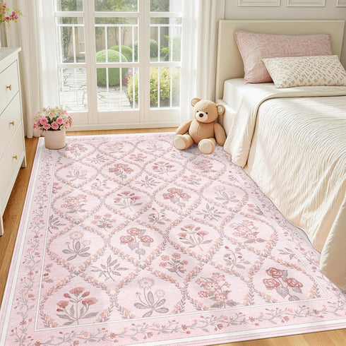 5x7 Pink Rug for Bedroom Girls, Washable Rug for Floral Nursery Decor, Cute Soft Low-Pile Non Slip Indoor Floor Carpet