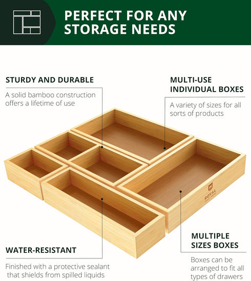 ROYAL CRAFT WOOD 5-Piece Bamboo Drawer Organizer Set - Multi-Use Storage Trays for Kitchen, Bathroom, Office, Makeup &