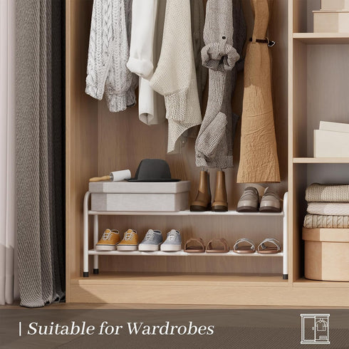 AUGOHCMIL 2-Tier Closet, Expandable Shoe Rack, Metal Small Shoe Rack, Adjustable Shoes Organizer, Storage Shelf