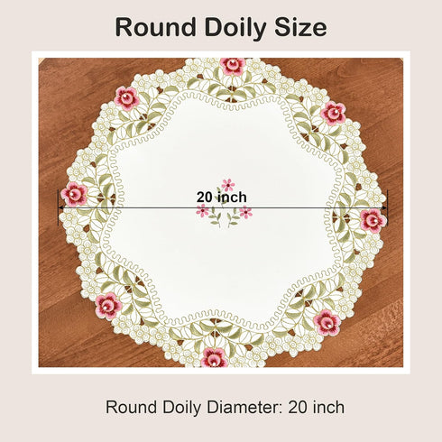 2 Pack 20 Inch Wolkemer Small Round Doily Embroidered Place Mat Lace Table Topper Vintage Beige End Table Cover