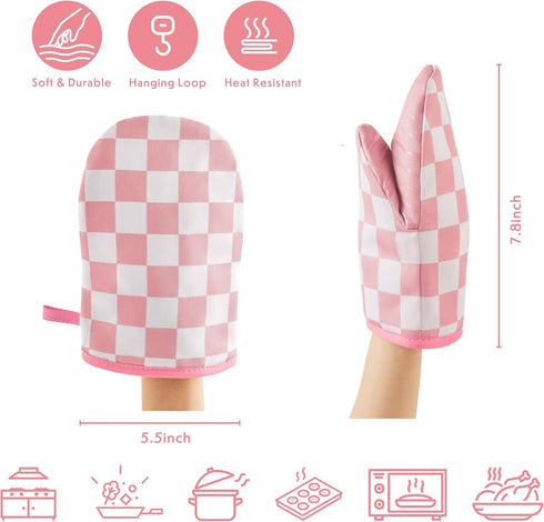 Set 2 Ohocut Pink Checkered Mini Oven Mitts Heat Resistant, Vintage Retro Checkerboard Mini Silicone Oven Mitts Cute