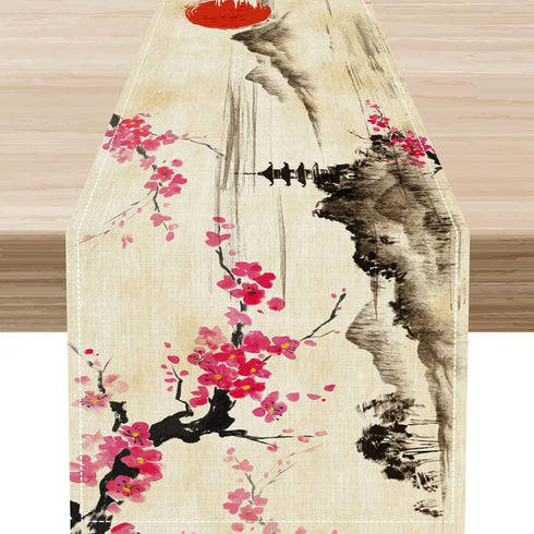 Drapeloft Japanese Table Runner, Cherry Blossom Asian Ink Painting Landscape Anime Nature Vintage