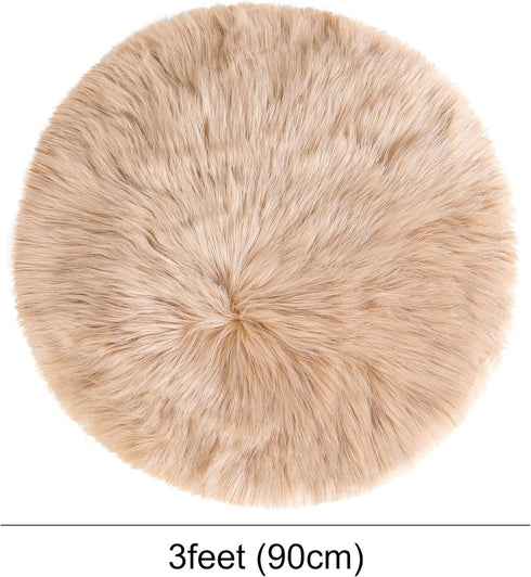 uxcell Faux Fur Round Rug, Fluffy Area Mat, 3 x 3 Feet Khaki, Fluff Rugs for Bedroom Floor Sofa Living Room