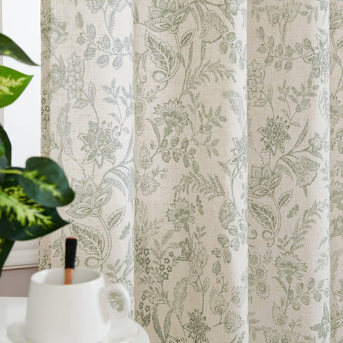 84 Inches Country 2 Set Lazzzy Linen Curtains Farmhouse Green Floral Print Curtains Long Back Tab Drapes for Living