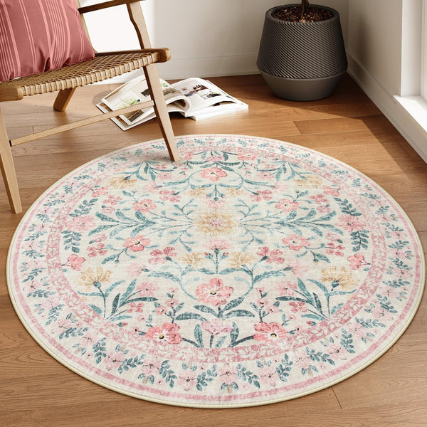 Lahome Sylvie Boho Light Pink Round Rug 4ft, Washable Small Circle Rugs