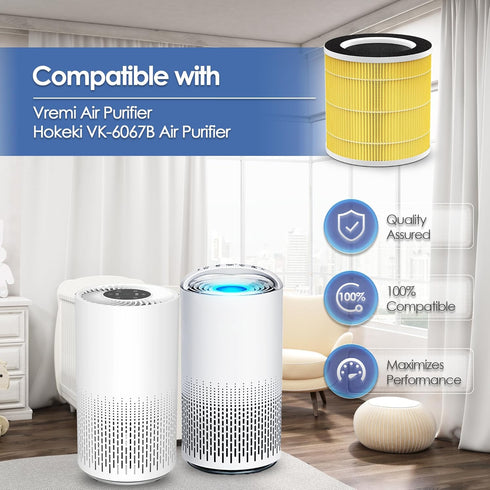 VK-6067B Pet Allergy Filter for Vremi Air Purifier, Compatible with VRM010685N and Hokeki, 360° H13 True HEPA Filter