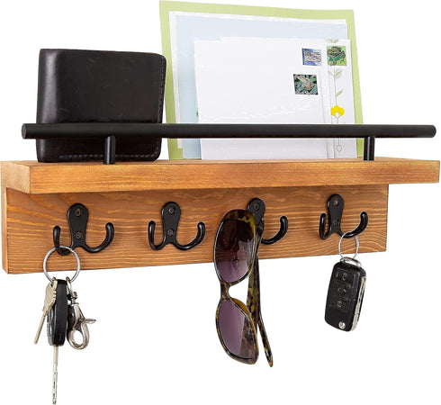 Mail and Key Holder for Wall, Decorative Wooden Shelf with Hooks, Wall Mounted Coat Rack (Light Brown)