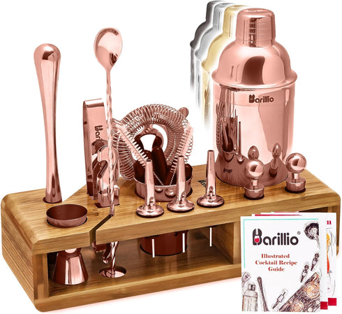 Barillio Rose Gold Bartender Kit, Stainless-Steel Cocktail Shaker Set with Bamboo Stand, 23-Pc Bar Tools