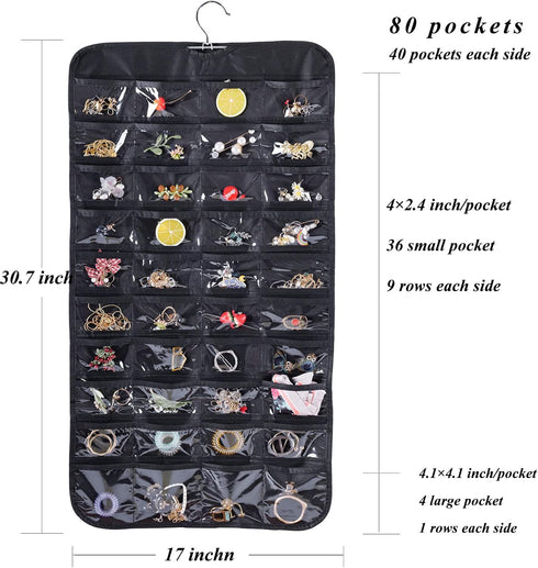 Cemueo Hanging Jewelry Organizer, Double Sided 80 Pocket Jewelry Storage Bag, 2 Layer Fabric Holder for Necklace,