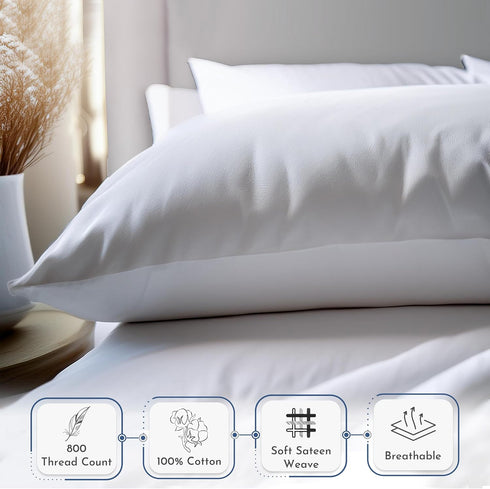 Heirloom 800 Thread Count 100% Cotton Sateen Pillowcases, 2 Pack, White, Fits Standard & Queen Size Pillows (Bright