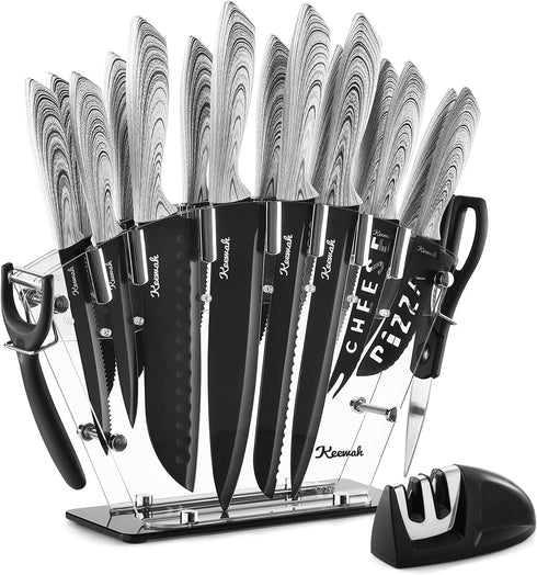 Keewah 19 Pieces Kitchen Knife Set, 15 Stainless Steel Knives with Wood Texture Handle & Acrylic Stand