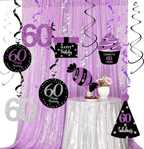 60th Birthday Decorations for Women, Purple Black Silver Hanging Swirls Ceiling for 60th Birthday Party