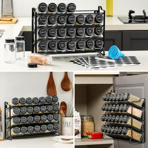 AOZITA 28 Countertop, Spice Rack Organizer for Cabinet, Spice Organizer with Empty Spice Jars with Black Lids, Funnel