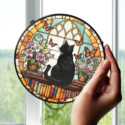 FIVITY 7.8" Black Cat Suncatcher Stained Glass Window Hanging Bookshelf Sun Catchers Book Lover Ornament Wall Art Home