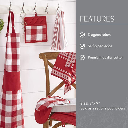 Elrene Home Fashions Farmhouse Living Buffalo-Check Pot-Holder Set, Rustic Kitchen Pot Holders, Set of 2, Red/White