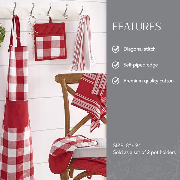 Elrene Home Fashions Farmhouse Living Buffalo-Check Pot-Holder Set, Rustic Kitchen Pot Holders, Set of 2, Red/White