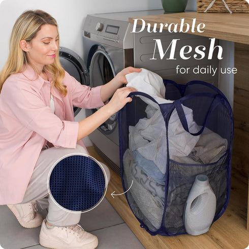 Handy Laundry Collapsible Mesh Foldable Hamper, 14" x 14" x 24", Navy Blue