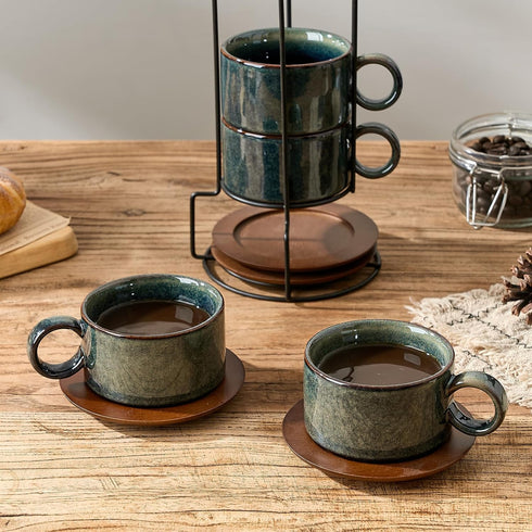 6 Set 4, Set LUKA Ounce Porcelain Stackable Espresso Cups with Saucers and Metal Stand of Ceramic Cappuccino Cups
