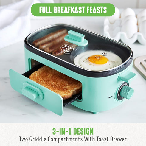 GreenLife 3-in-1 Breakfast Station, PFAS-Free Dual Griddles for Eggs, Meat, Pancakes & 2-Slice Toast Drawer