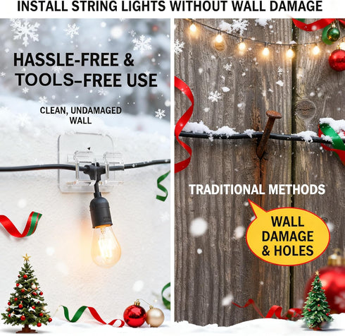 40 Pack Large Outdoor String Light Hooks - Reusable & Waterproof Adhesive Clips for Patio & Garden - Damage-Free, Clear