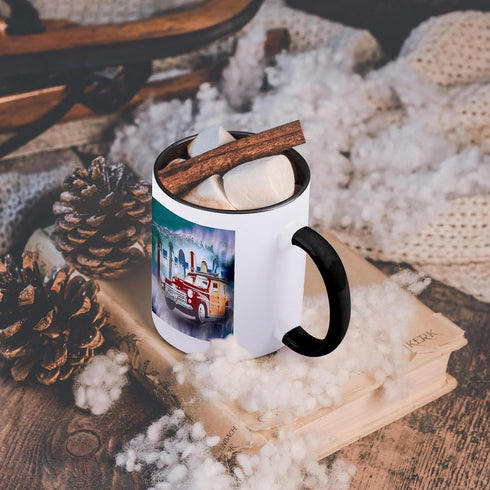 3dRose Classic Woody Car and Big Wave Background Mug, Surfing Lover Gift, 11 oz, Black
