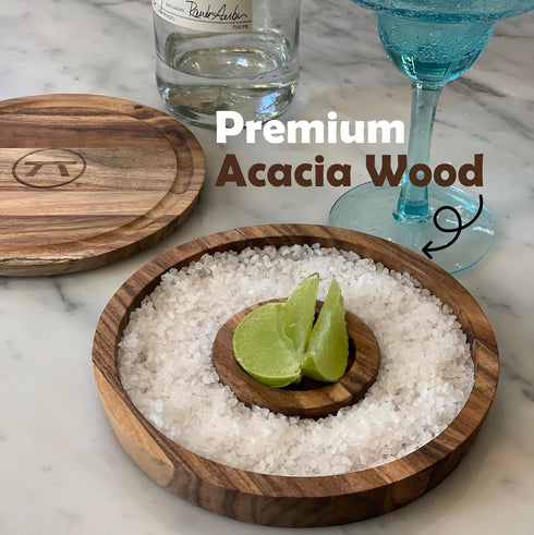 Outset 3-in-1 Acacia Wood Salt Rimmer, Cutting Board and Storage Container, 6.38" x 6.38" x 1.06" inches