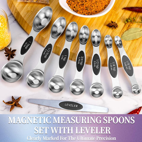 Magnetic Measuring Spoons Set of 8 with Leveler, Stainless Steel Metal Measuring Spoon for Dry and Liquid Ingredients