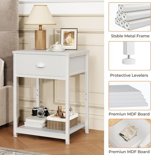 2 Furologee White Nightstand with Fabric Drawer, Small Side Table for Small Spaces, Tiers Storage Shelves End Table