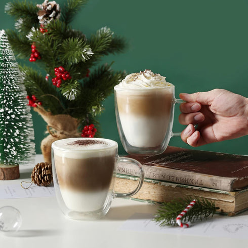 12oz,Double Handle,Set 4 CNGLASS Large Glass Coffee Mugs Walled Insulated Cappuccino Mug