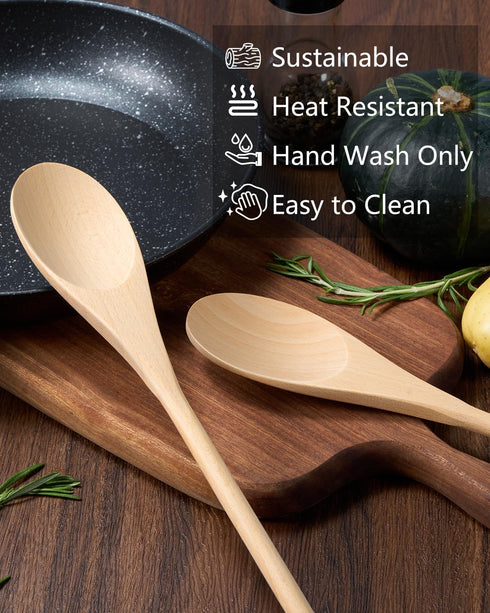 MORGLES 5PCS Wooden Cooking Spoons, 12 Inch Long Handle for Mixing, Tasting, Stirring Food