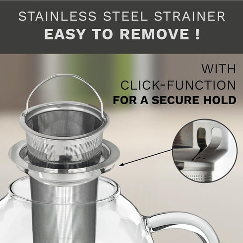 Creano Glass Teapot 34oz (1000ml) with Stainless Steel Strainer and Glass Lid