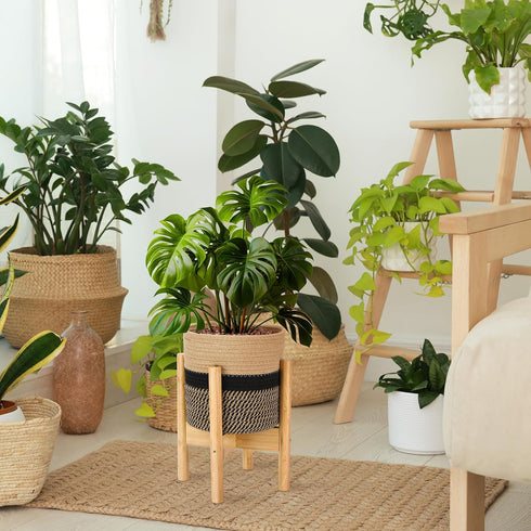 Sunnychicc Stand(7.87 Inch,Black Plant Basket with Stand Indoor Planter Pot Holder Sturdy Jute Rope Modern Woven
