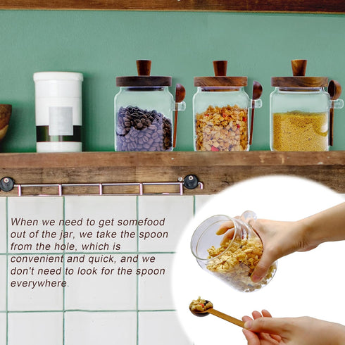 Taefaba Spoon,17 OZ Spice Jars Overnight Oats Containers with Airtight Lid and Wooden Glass Food Storage Canisters