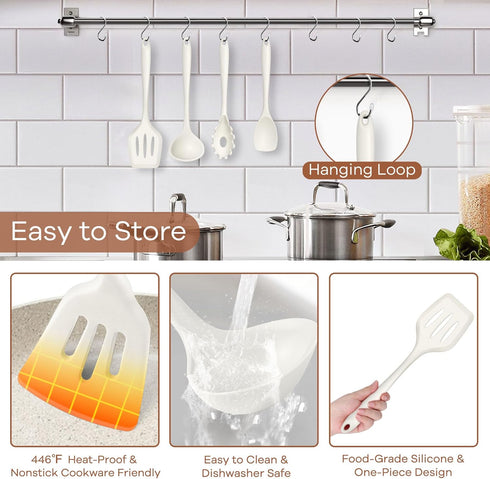 TeamFar 7-Piece Silicone Cooking Utensils Set, Heat Proof Kitchen Tools for Nonstick Cookware, White