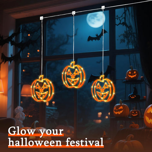 Lights,3 Pack 48LED Halloween Window Pumpkin String Light with Battery Operated,Timer Memory Hanging Orange Halloween