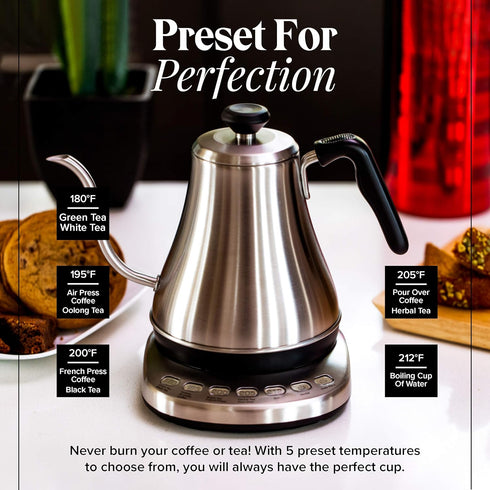 Gooseneck Electric Kettle with Temperature Control & Presets, 1L Stainless Steel Tea & Pour Over Coffee Kettle