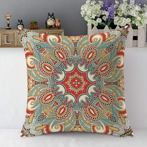 Mugod Traditional Ethnic Paisley Flower Throw Pillow Cover - Red Teal White Yellow Cotton Linen 18x18 Inch