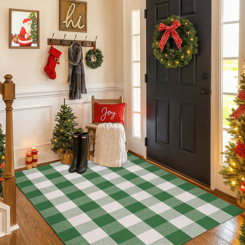 28 43 Inches Christmas Green & White Plaid Rug - x Outdoor Front Door Decor Mat Cotton Washable Hand-Woven Rug