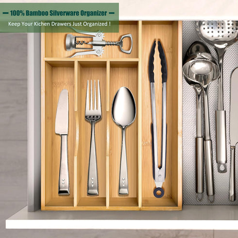 Bamboo Silverware Drawer Organizer, Silverware Utensil Tray Holder and Cutlery Tray for Flatware and Kitchen Utensils