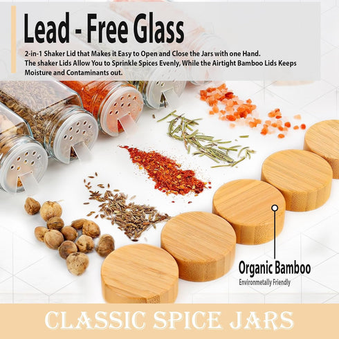 Glass Spice Jars with Bamboo Airtight Lids, 6 Pack, 4 oz Square Bottles with Shaker Lids