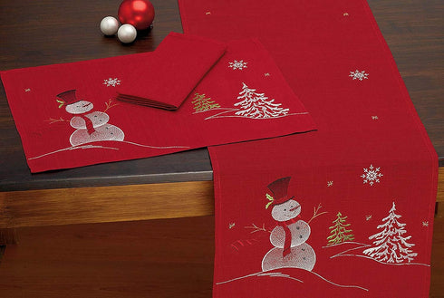 DII Christmas Kitchen Embroidered Table Décor Collection, Snowman Placemat Set, 13x19, Red, 4 Piece