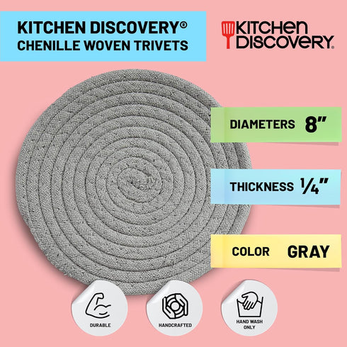Trivets for Hot Pots and Pans - Kitchen Discovery 8" Chenille Trivets - Set of 3 Large Woven Hot Pan Holders. Decorative Dining Table Accessories Protect Table, Countertop, or Island, Gray by Kitchen Discovery