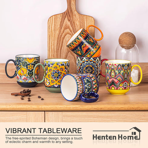 Set 6, 14 oz Henten Home Porcelain Coffee Mug of Colorful Latte Cup with Handle, Boho Ceramic Mug for Hot Chocolate